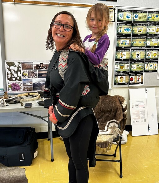 Goota Desmarais shares her Inuit culture with students at Bruderheim School.
