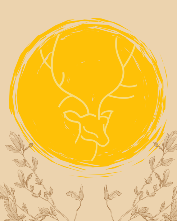 A beige background with a yellow sun circle graphic and a minimalist deer graphic on top of the sun. Below the sun is minimalist brown plant graphics.