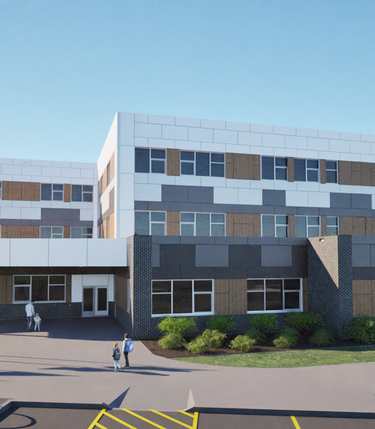 An architectural rendering of the exterior of a school. A parent and their young child walk close to the entrance while another parent and their young child follow behind closer to the parking lot in the foreground.