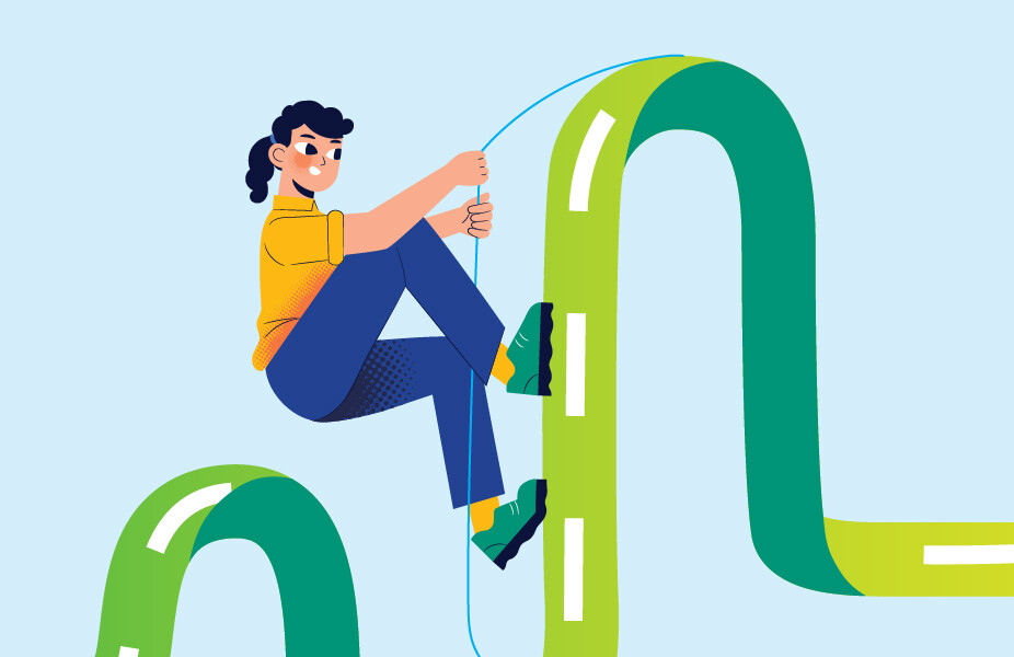 Graphic of a student using a rope to climb up a lime green road set against a light blue background.